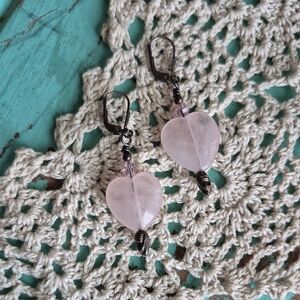 🌙Vintage Heart-Shaped Pink Rose Quartz Silver Earrings